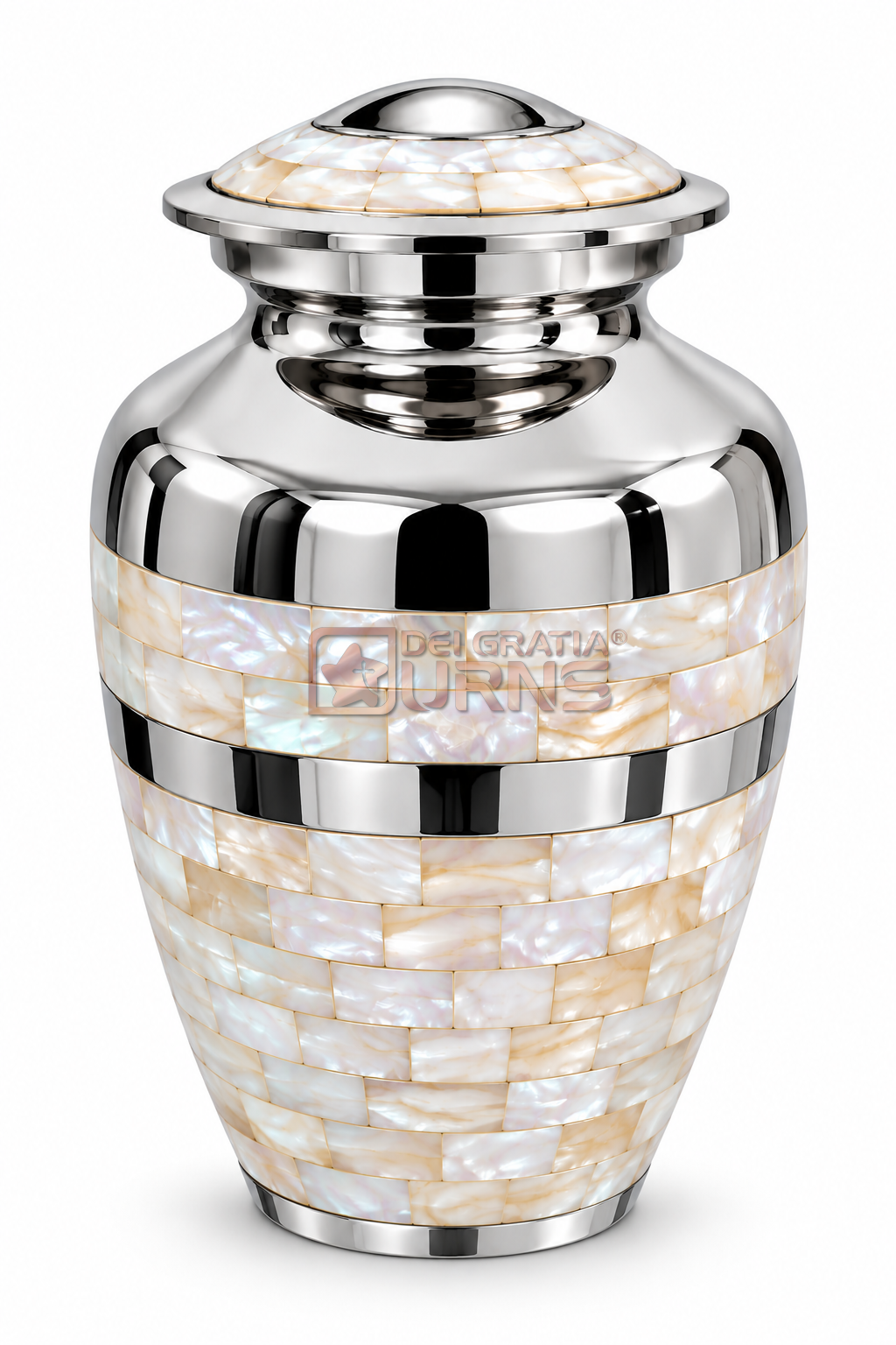 Pearl mosaic silver cremation urn for adult human ashes