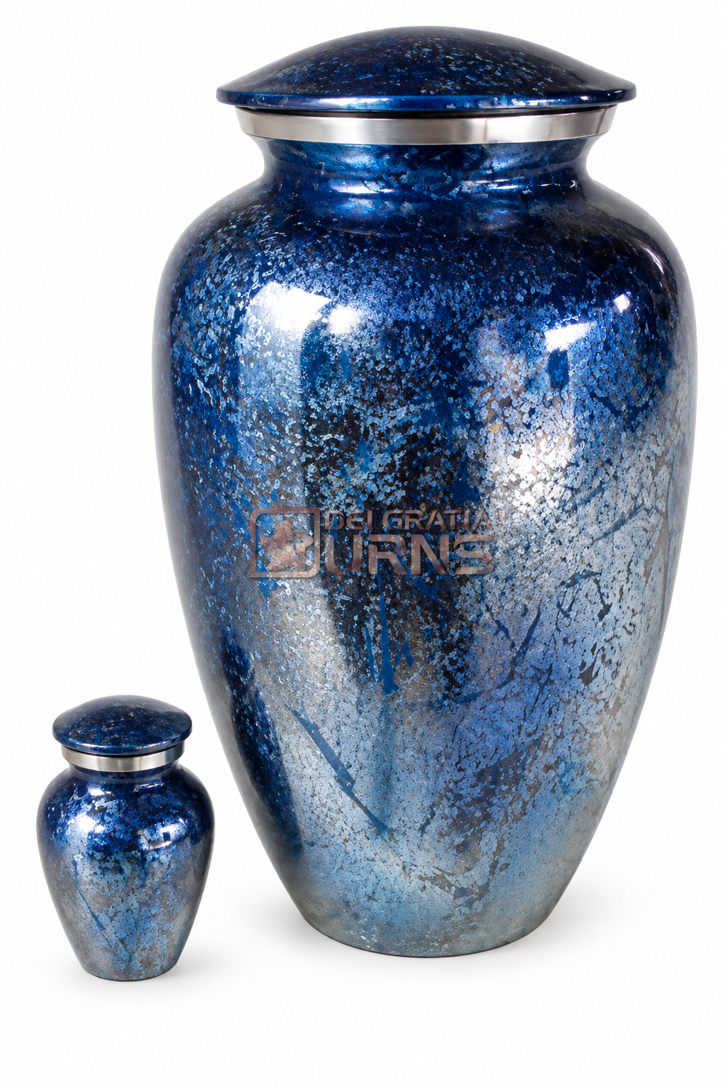 Sapphire blue silver cremation urn with matching keepsake