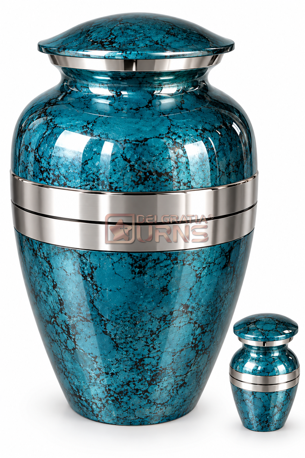 Turquoise silver band cremation urn with keepsake for human ashes