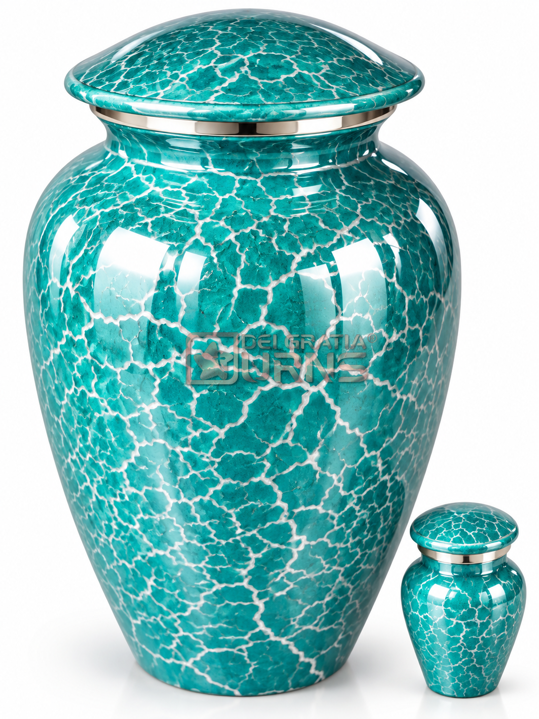 Turquoise crackle cremation urn with matching keepsake for adult ashes