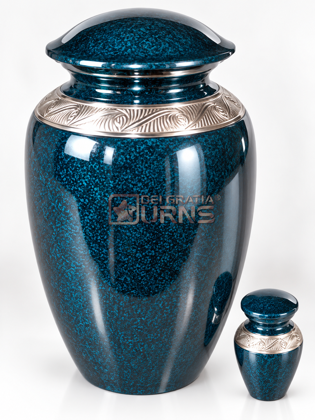 Midnight teal silver heritage cremation urn with matching keepsake for adult ashes