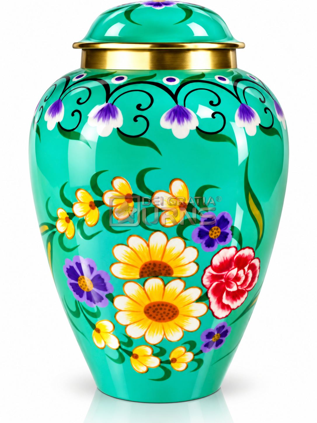 Turquoise floral cremation urn for adult ashes