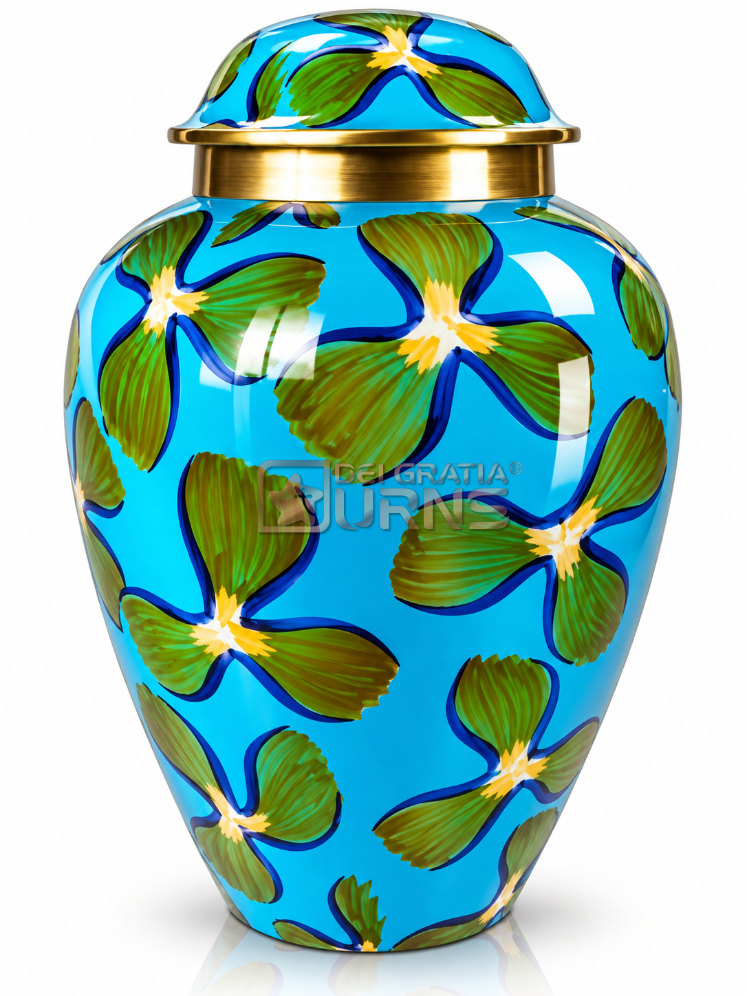 Azure blue botanical leaf cremation urn for adult ashes