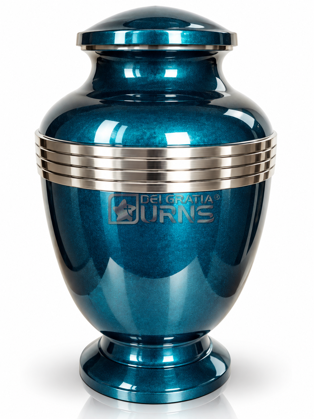 Ocean teal triple silver band cremation urn for adult ashes