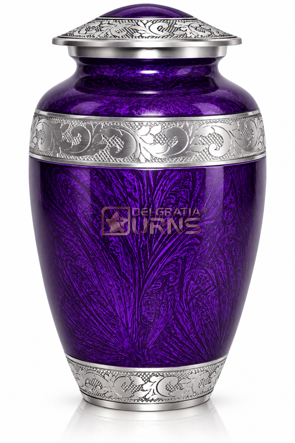 Royal Purple Antique Silver Floral Cremation Urn for adult ashes