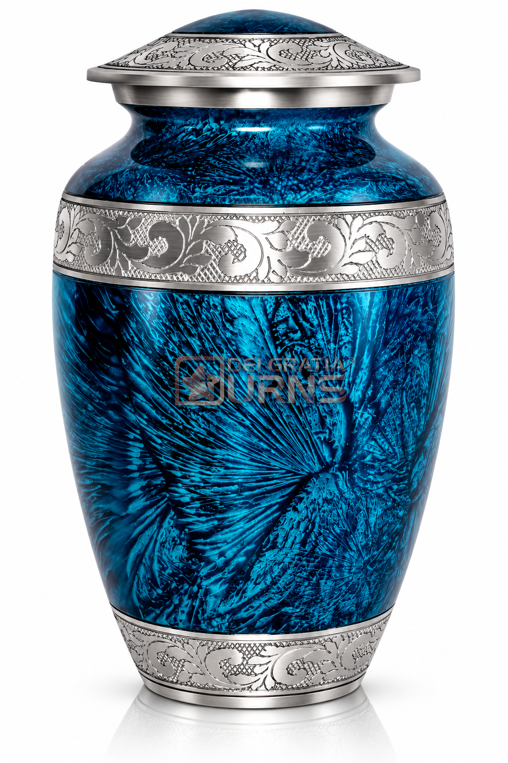 Ocean Blue Antique Silver Floral Cremation Urn for adult ashes