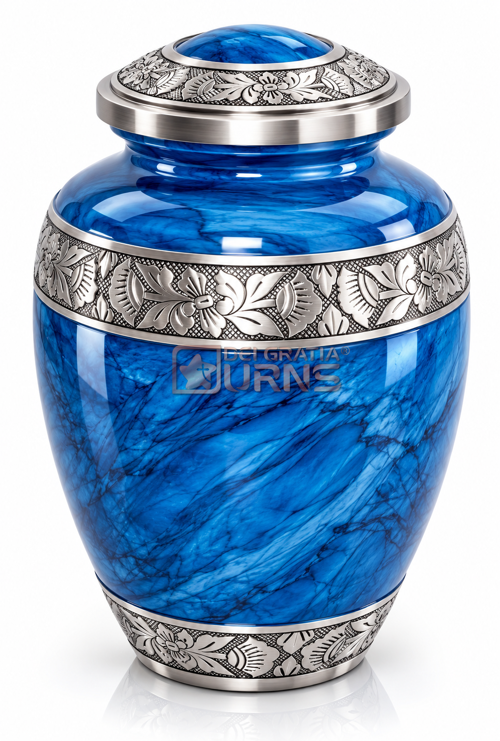 Sapphire Blue Floral Marble Cremation Urn 1 Sapphire Blue Floral Marble Cremation Urn for human ashes on white background