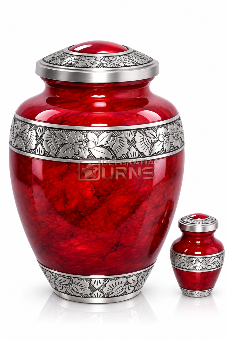 Ruby Red Floral Marble Cremation Urn with Keepsake for human ashes on white background