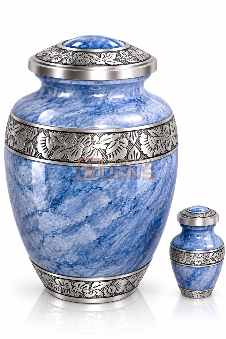 Serenity Blue Floral Marble Cremation Urn with Keepsake for human ashes on white background