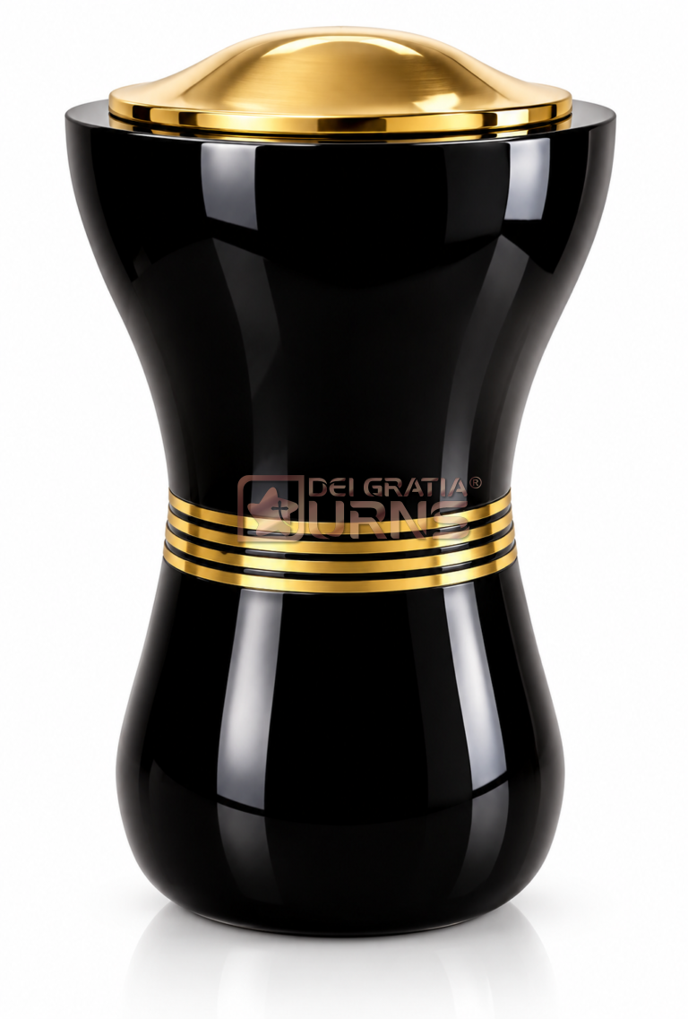 Obsidian Black Gold Hourglass Cremation Urn for human ashes on white background