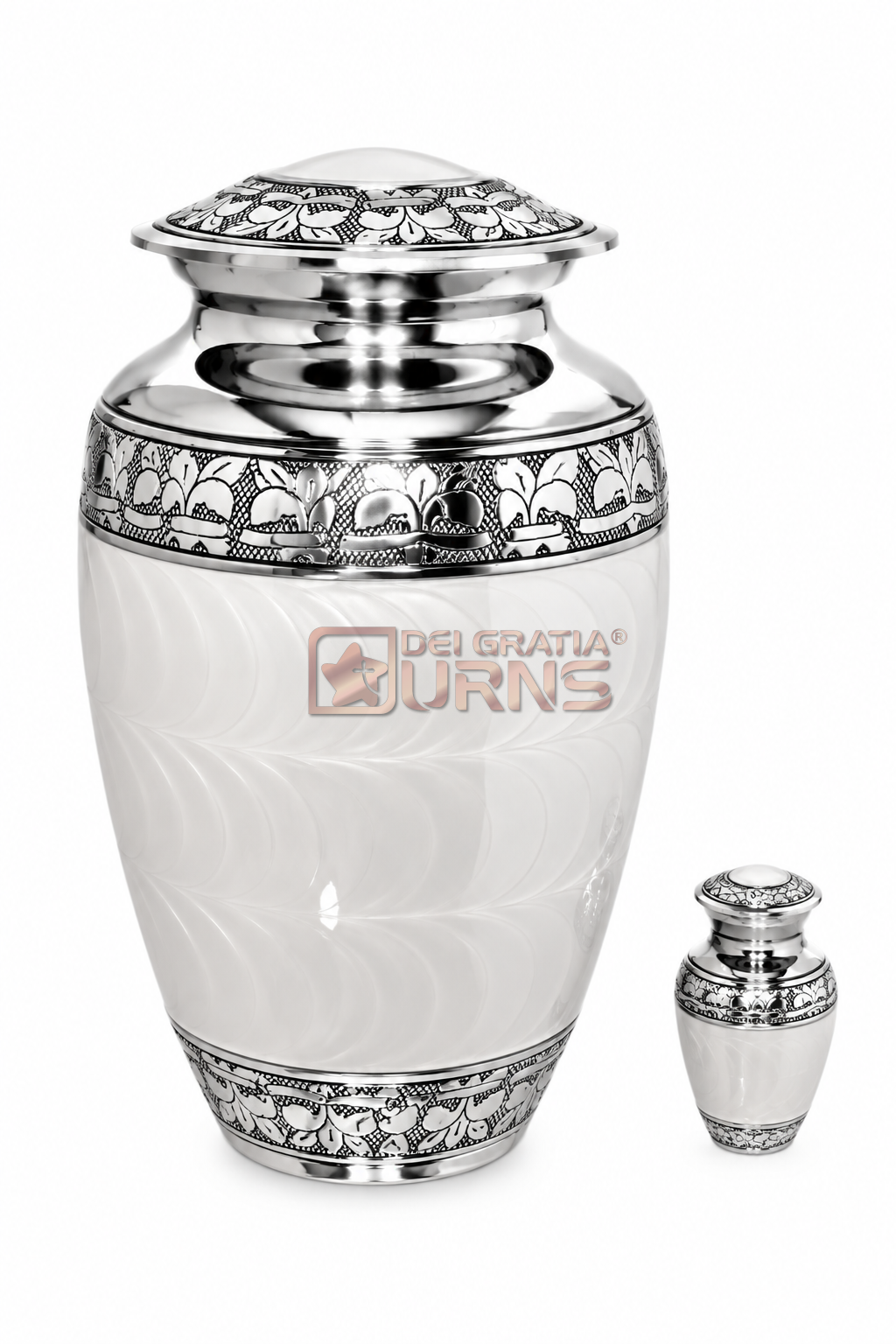 Pearl White Silver Cremation Urn with Keepsake for adult ashes