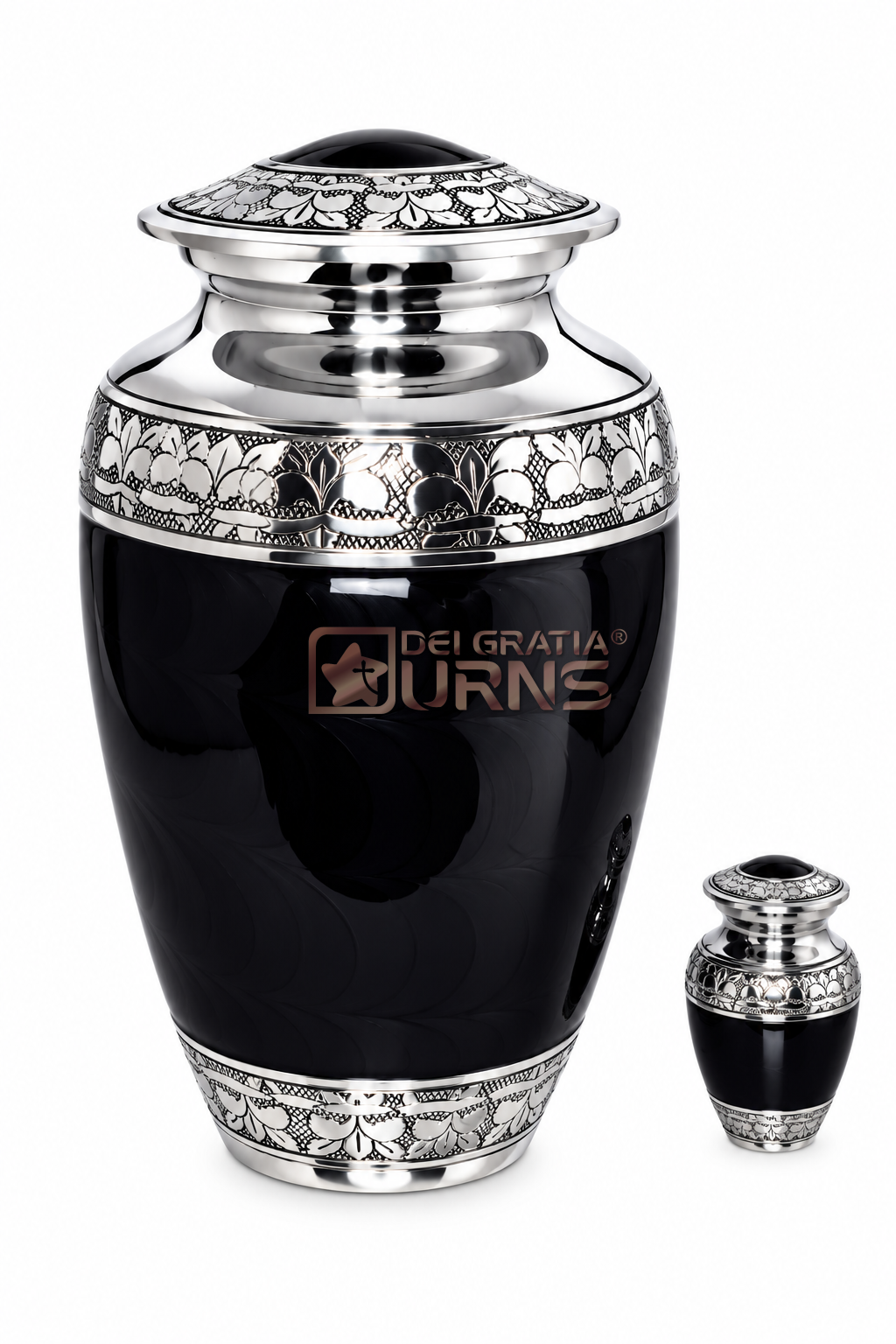 Onyx Black Silver Cremation Urn with Keepsake for adult ashes