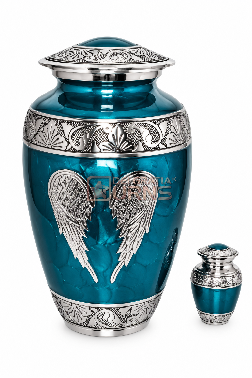 Teal Blue Angel Wings Cremation Urn with Keepsake for adult ashes