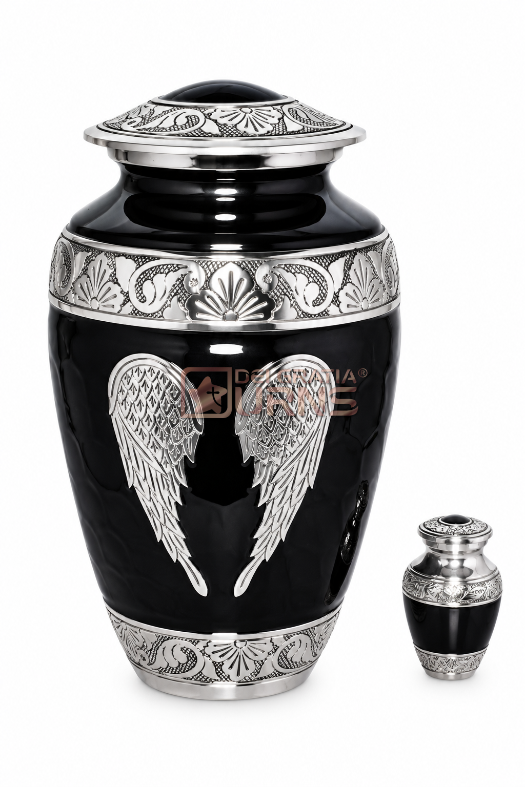 Onyx Black Angel Wings Cremation Urn with Keepsake for adult ashes