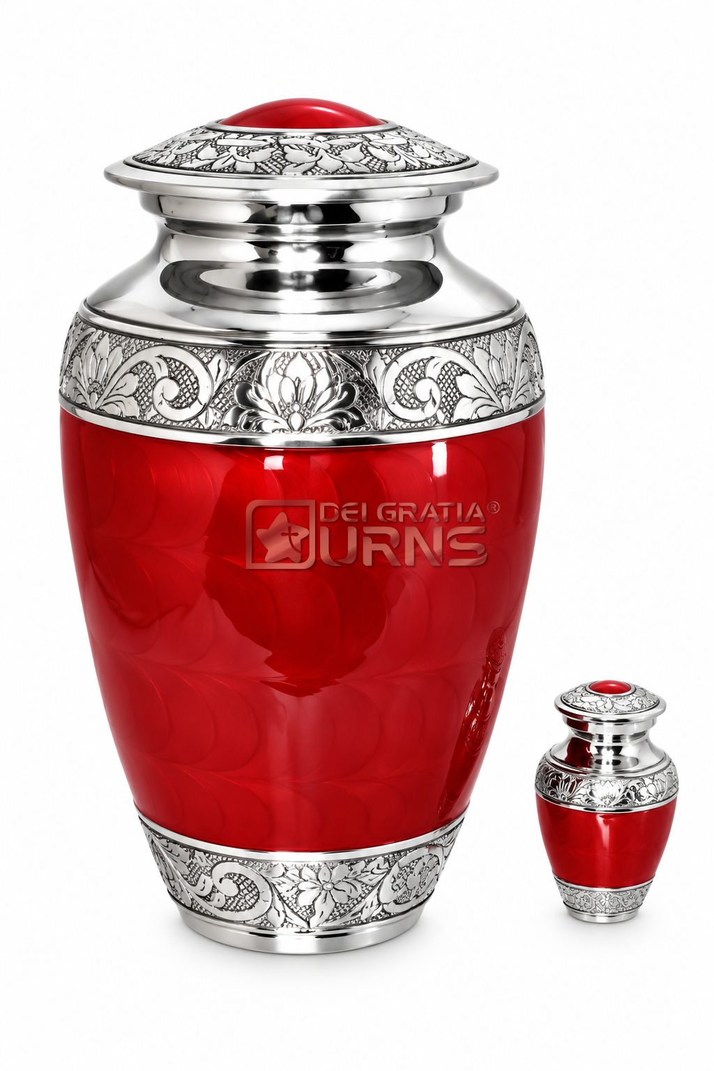 Ruby Red Silver Cremation Urn with Keepsake for adult ashes