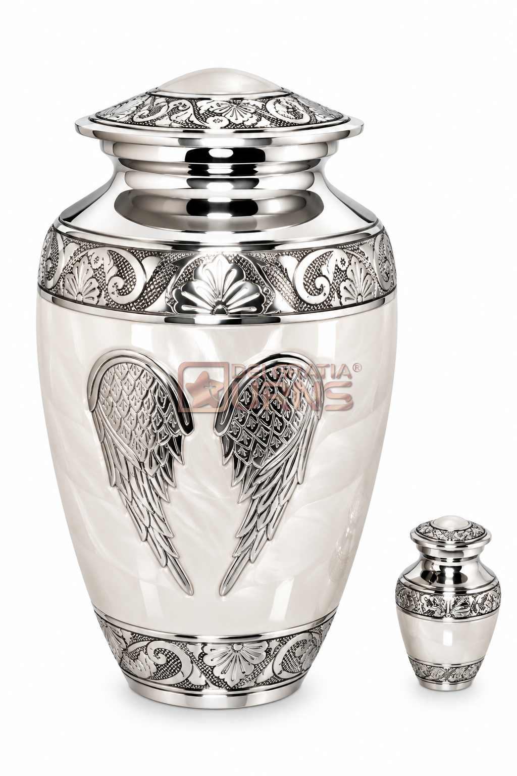 Pearl white angel wings cremation urn with matching keepsake for adult ashes