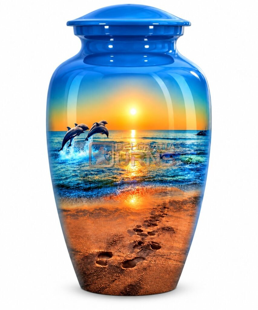 Dolphin sunset beach cremation urn with ocean scene