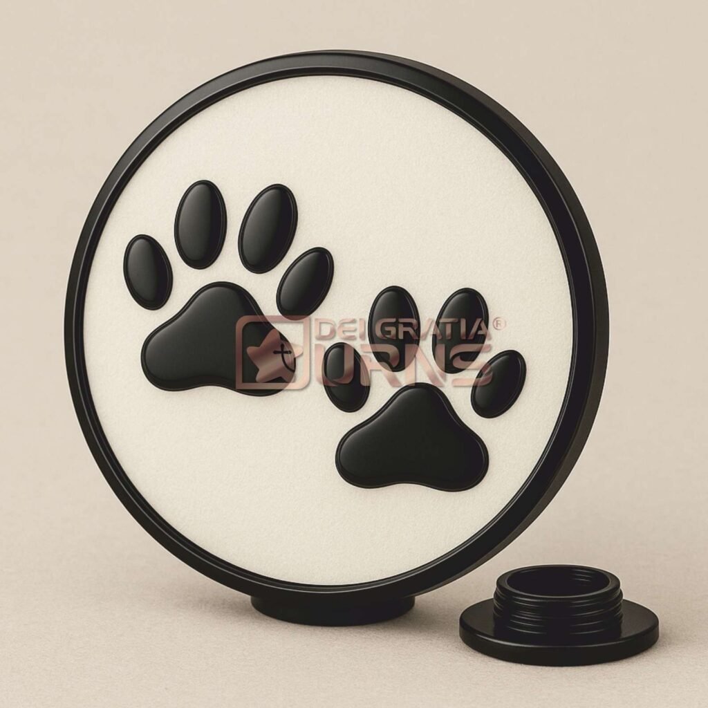 ivory and black round pet cremation urn with two raised paw prints and bottom screw closure