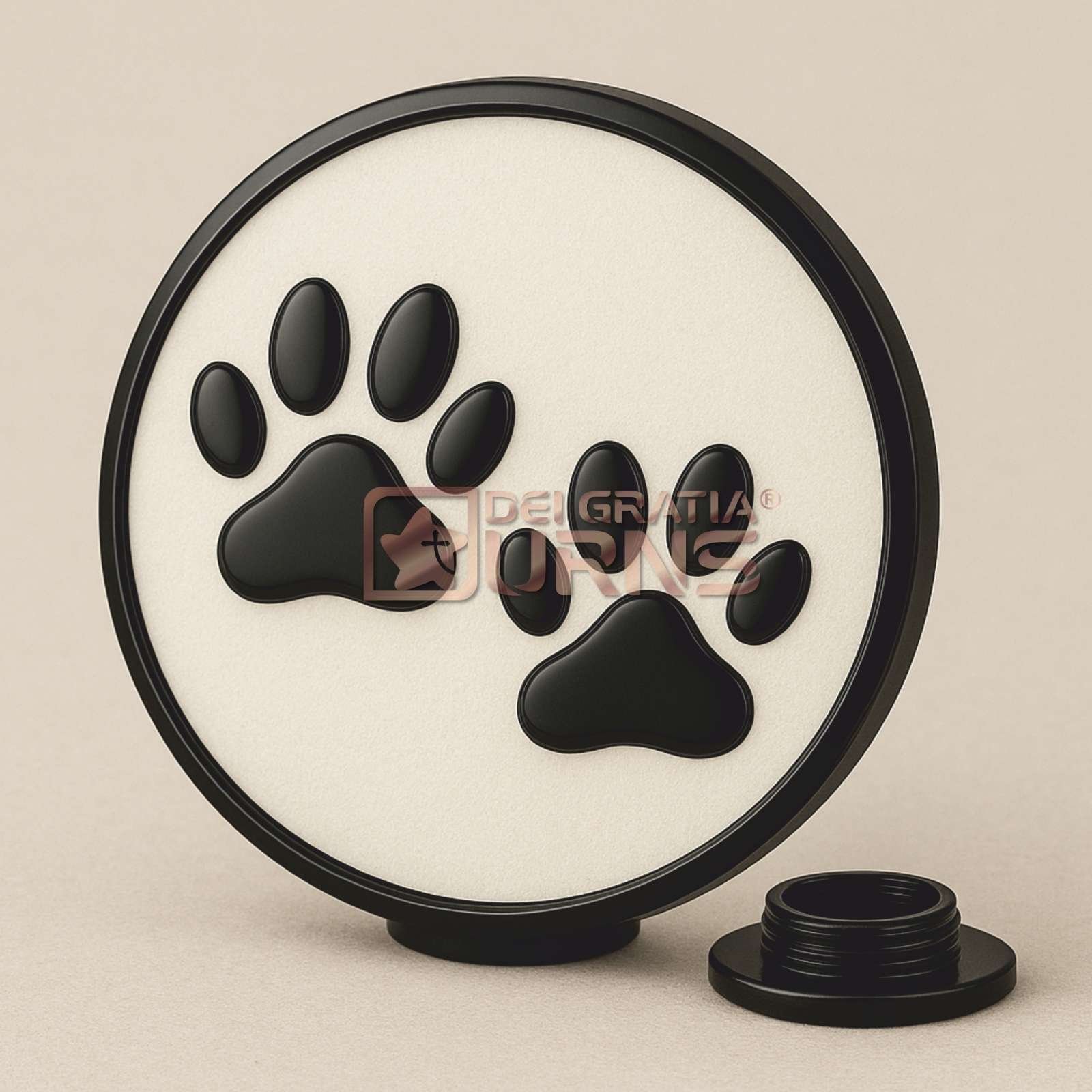 ivory and black round pet cremation urn with two raised paw prints and bottom screw closure