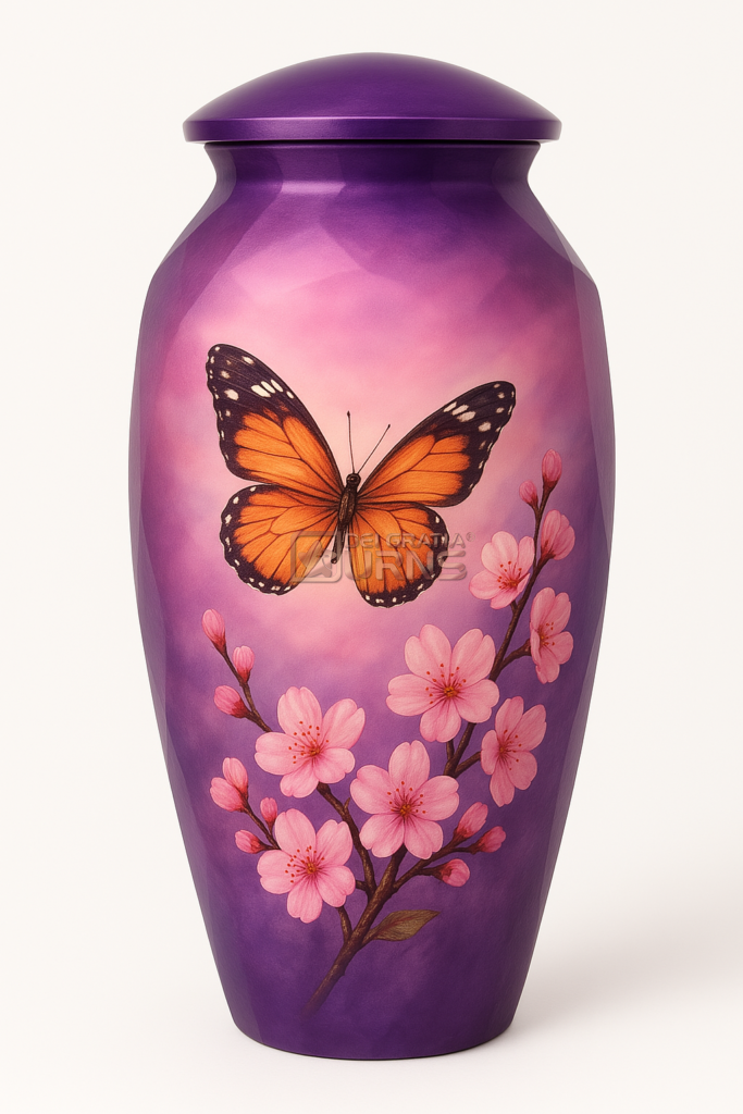 Kyoto Purple Butterfly & Cherry Blossom Cremation Urn by Dei Gratia Urns