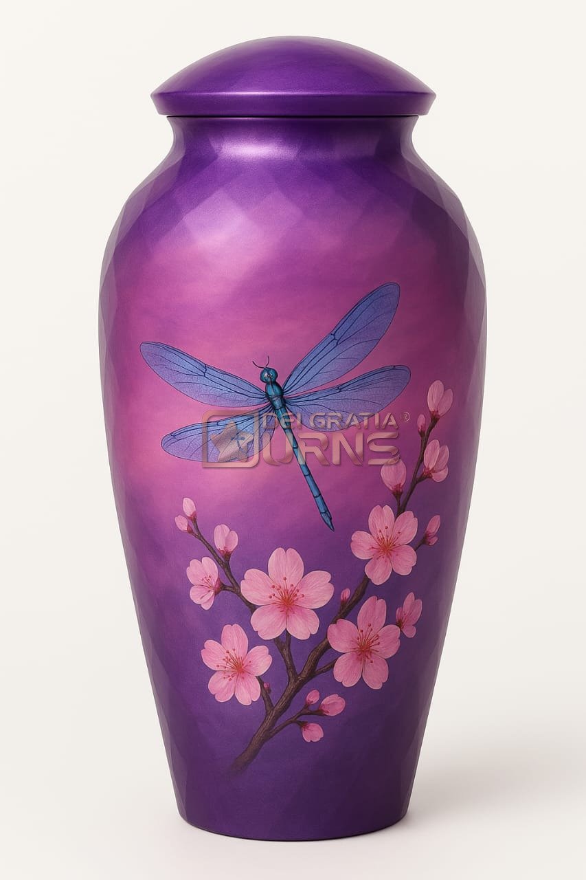Kyoto Purple Dragonfly Cherry Blossom Cremation Urn Kyoto purple dragonfly and cherry blossom cremation urn for adult ashes with Dei Gratia Urns watermark