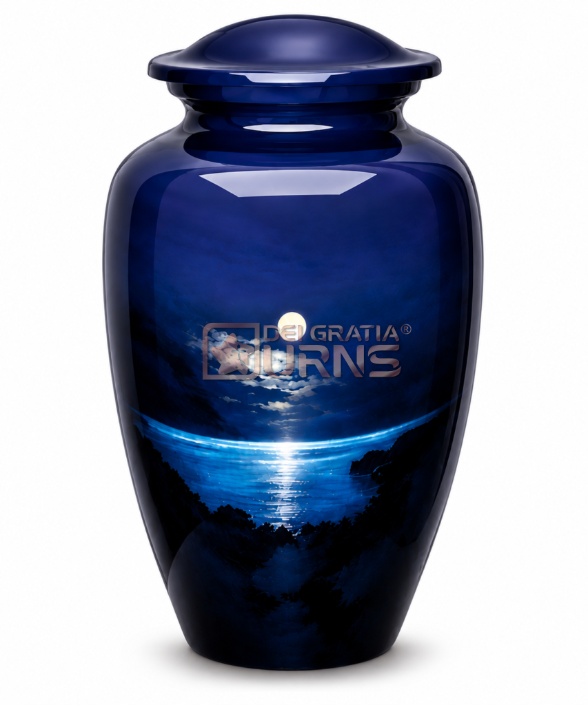 Moonlight ocean cremation urn for human ashes in deep navy blue (1)