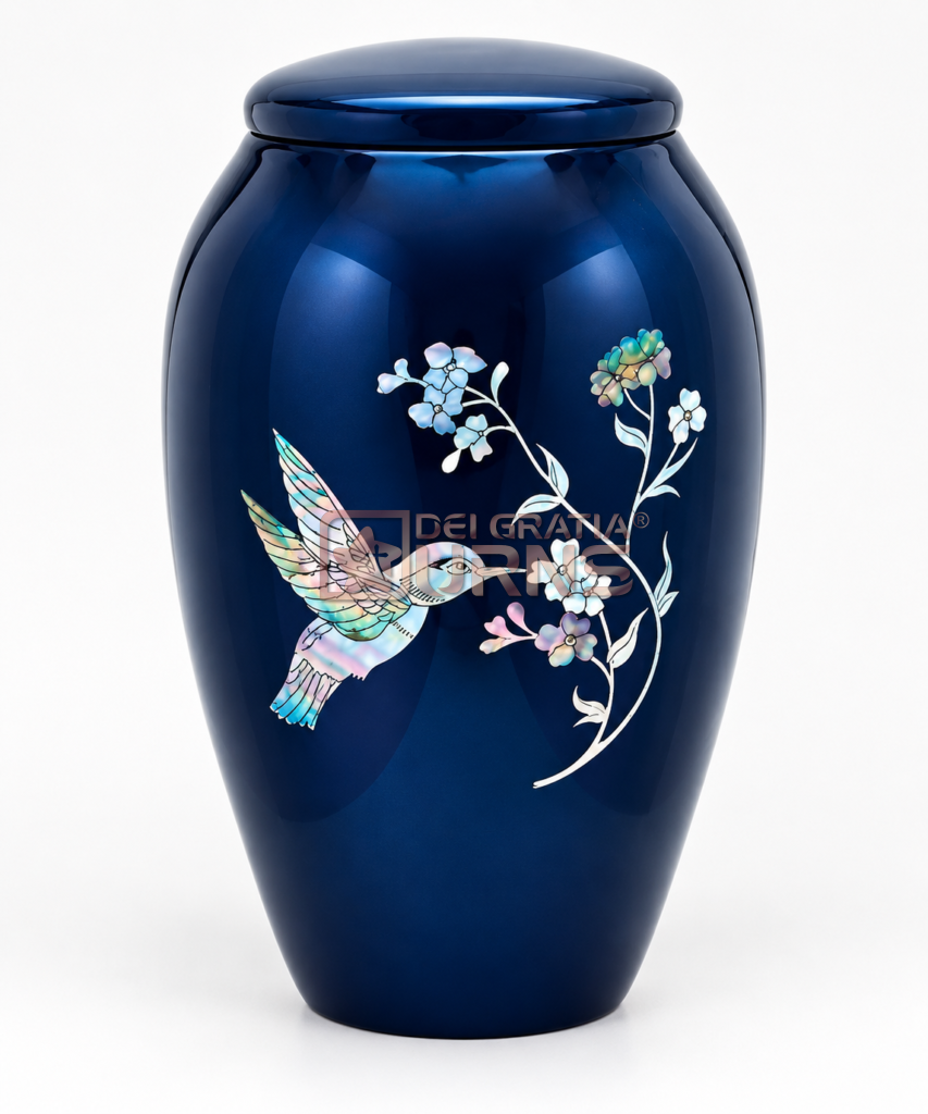 Navy hummingbird cremation urn with iridescent bird and floral branch