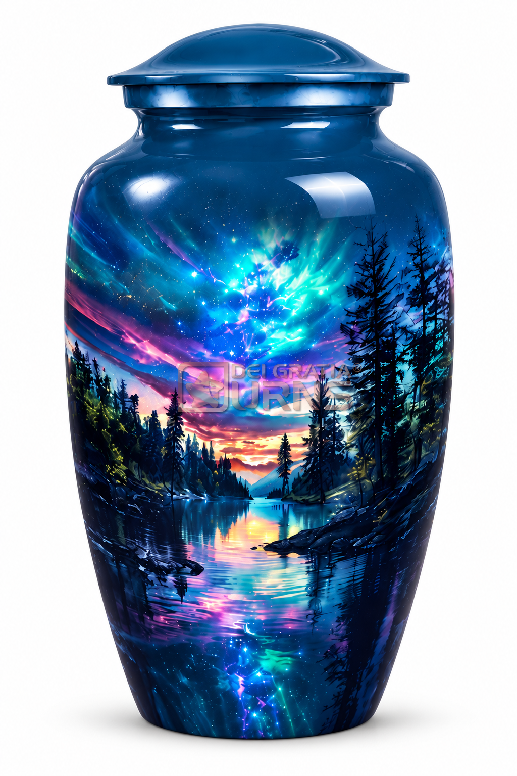 Northern lights cremation urn with colorful sky and forest lake