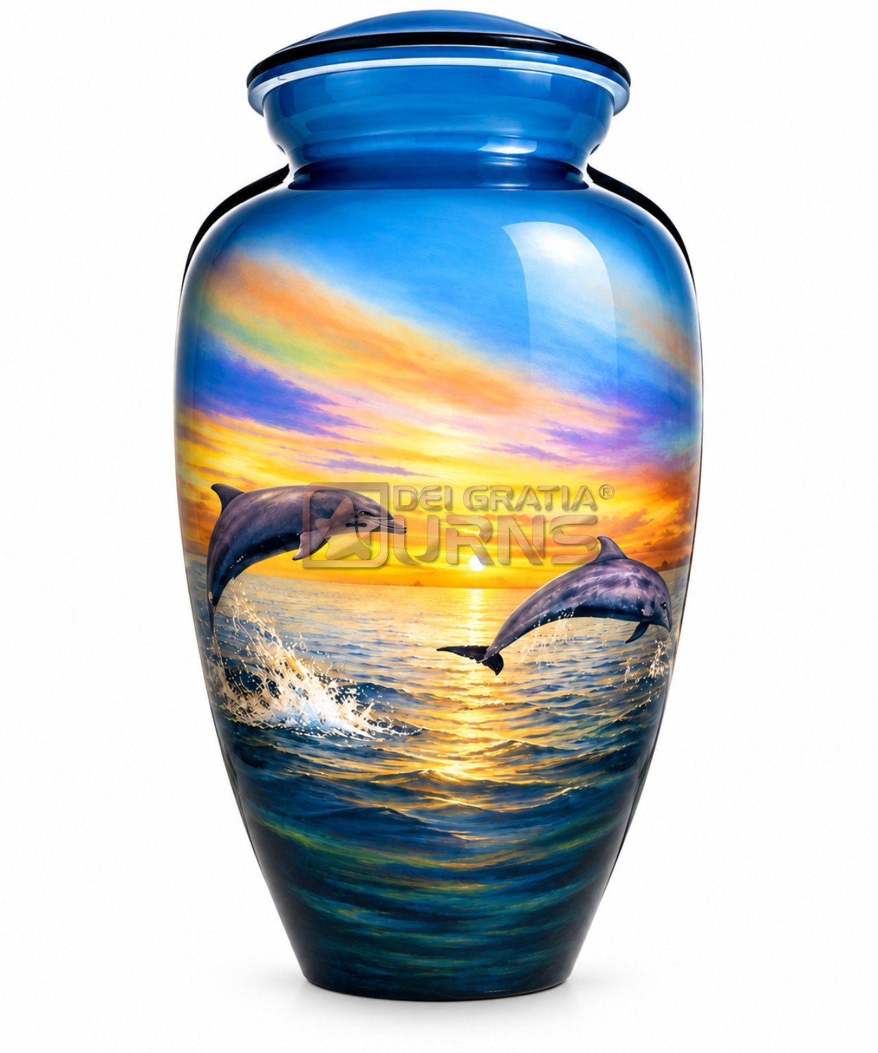 Ocean sunset dolphins cremation urn with sea artwork