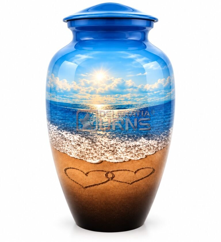 Seaside hearts beach cremation urn with coastal artwork