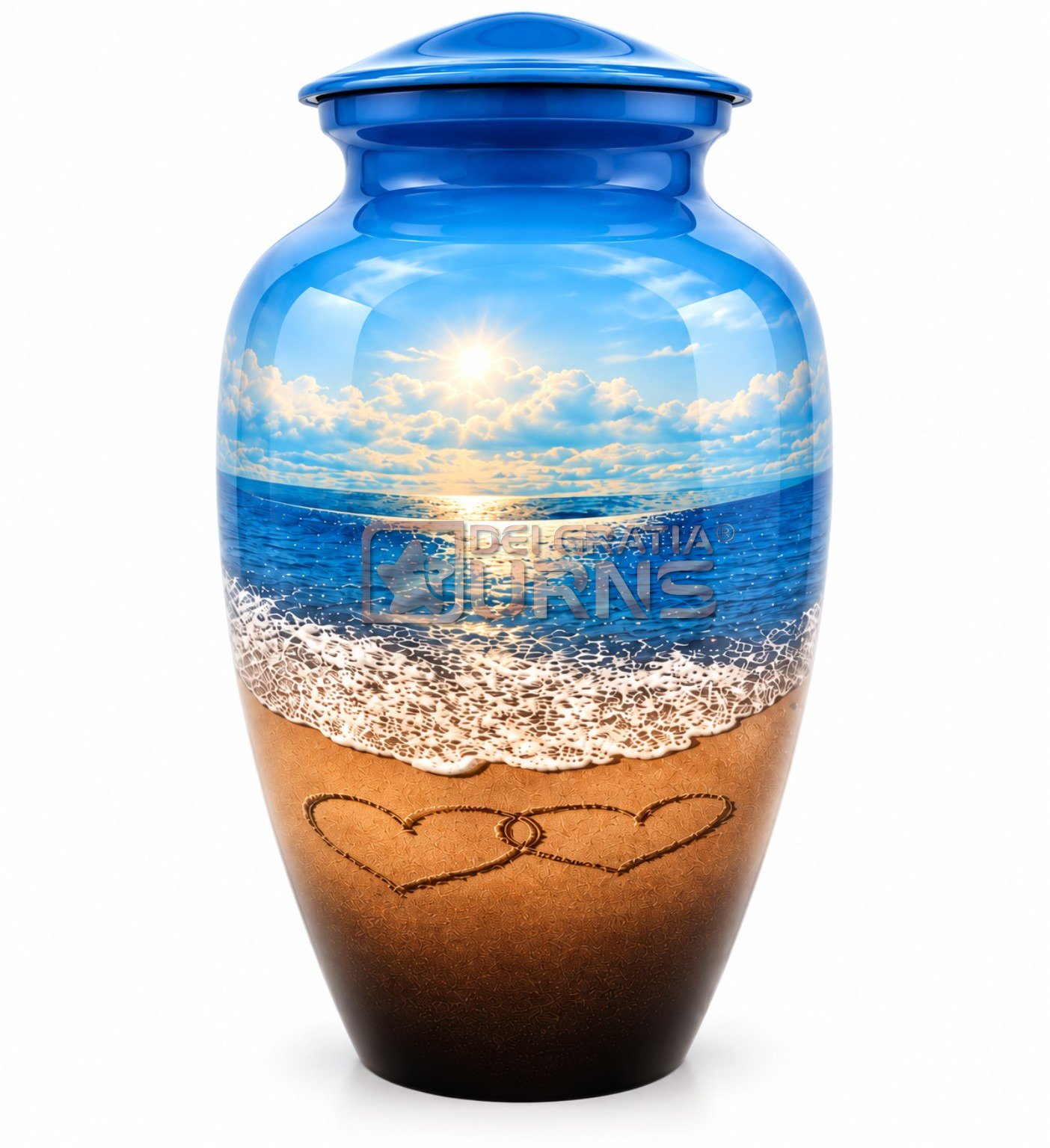 Seaside hearts beach cremation urn with coastal artwork