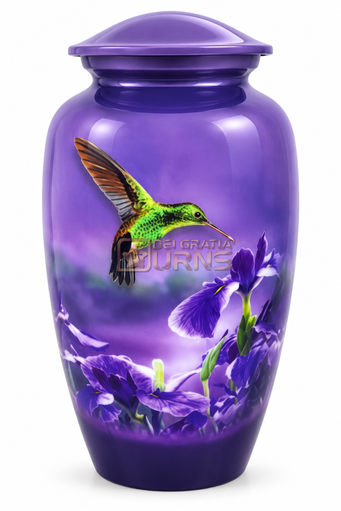 9 Intimate Reasons Why Keepsake Urns for Ashes Offer More Than You Ever Imagined 17 Purple hummingbird cremation urn with green bird and violet iris flowers