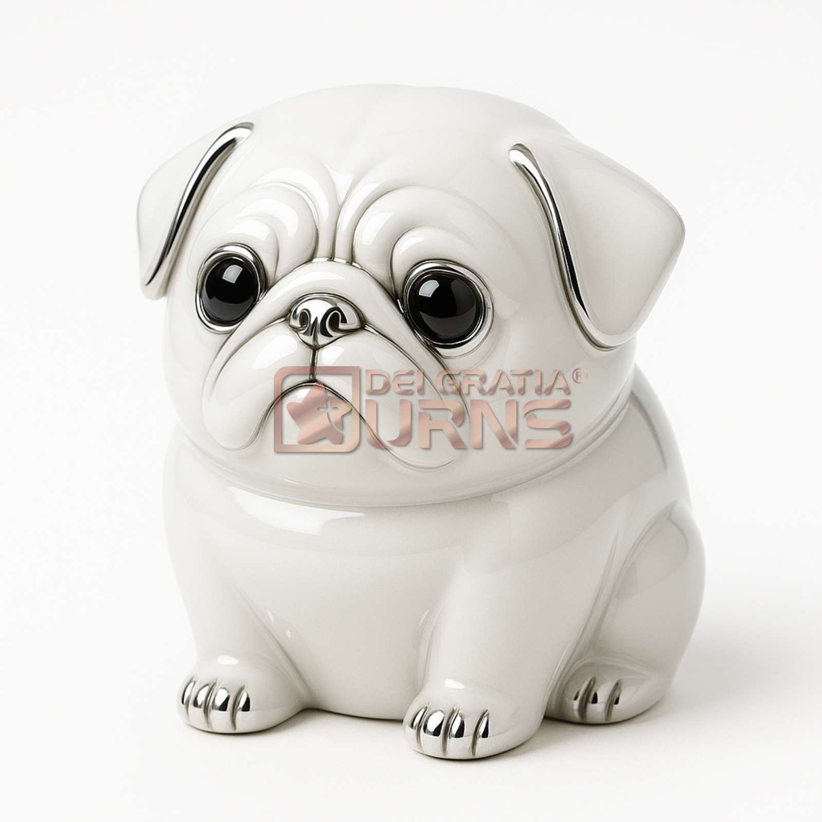 white pug shaped dog cremation urn for ashes with silver-tone accents
