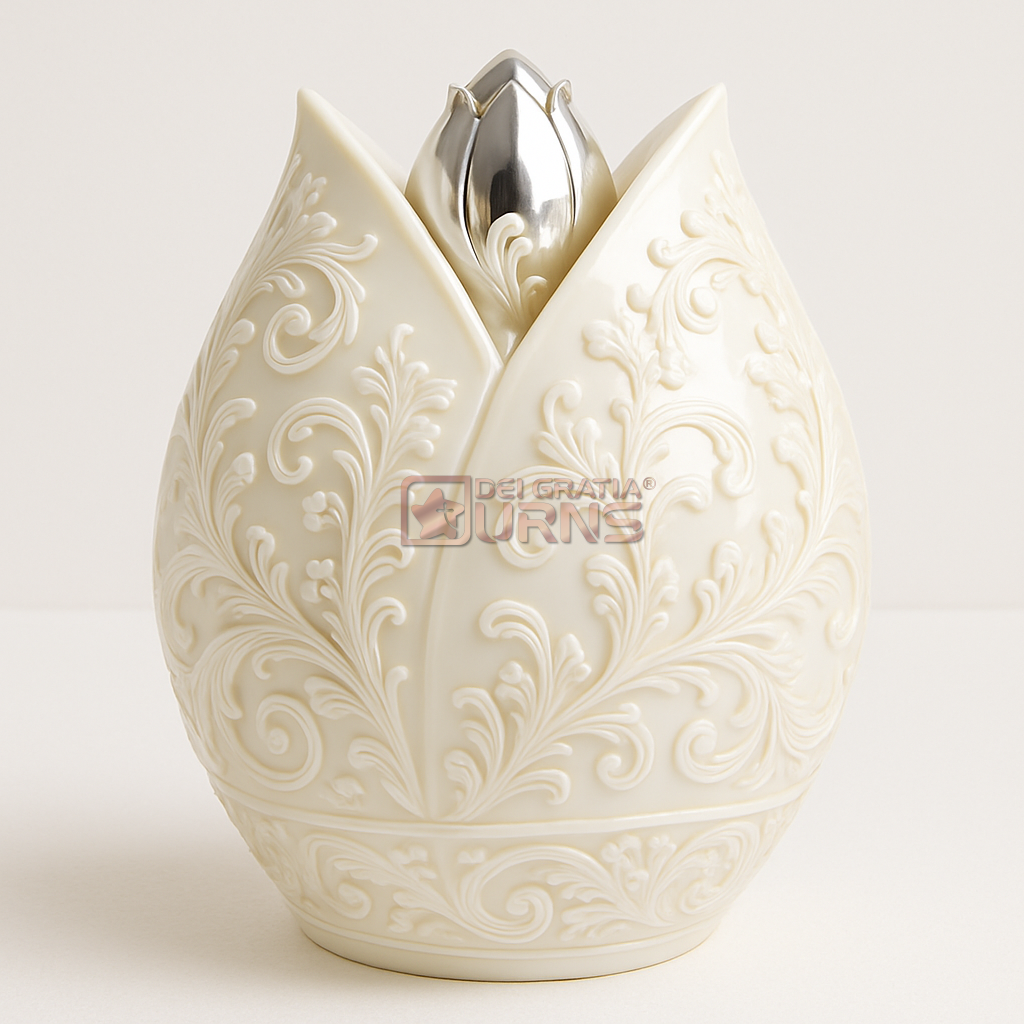 White and Silver Tulip Designer Urn Florence White & Silver Tulip Designer Cremation Urn by Dei Gratia Urns