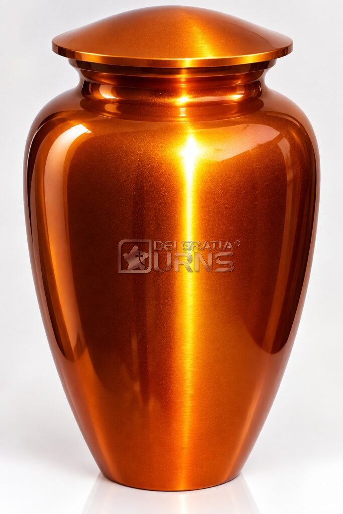 Amber copper cremation urn with smooth glossy-looking surface and tapered classic shape
