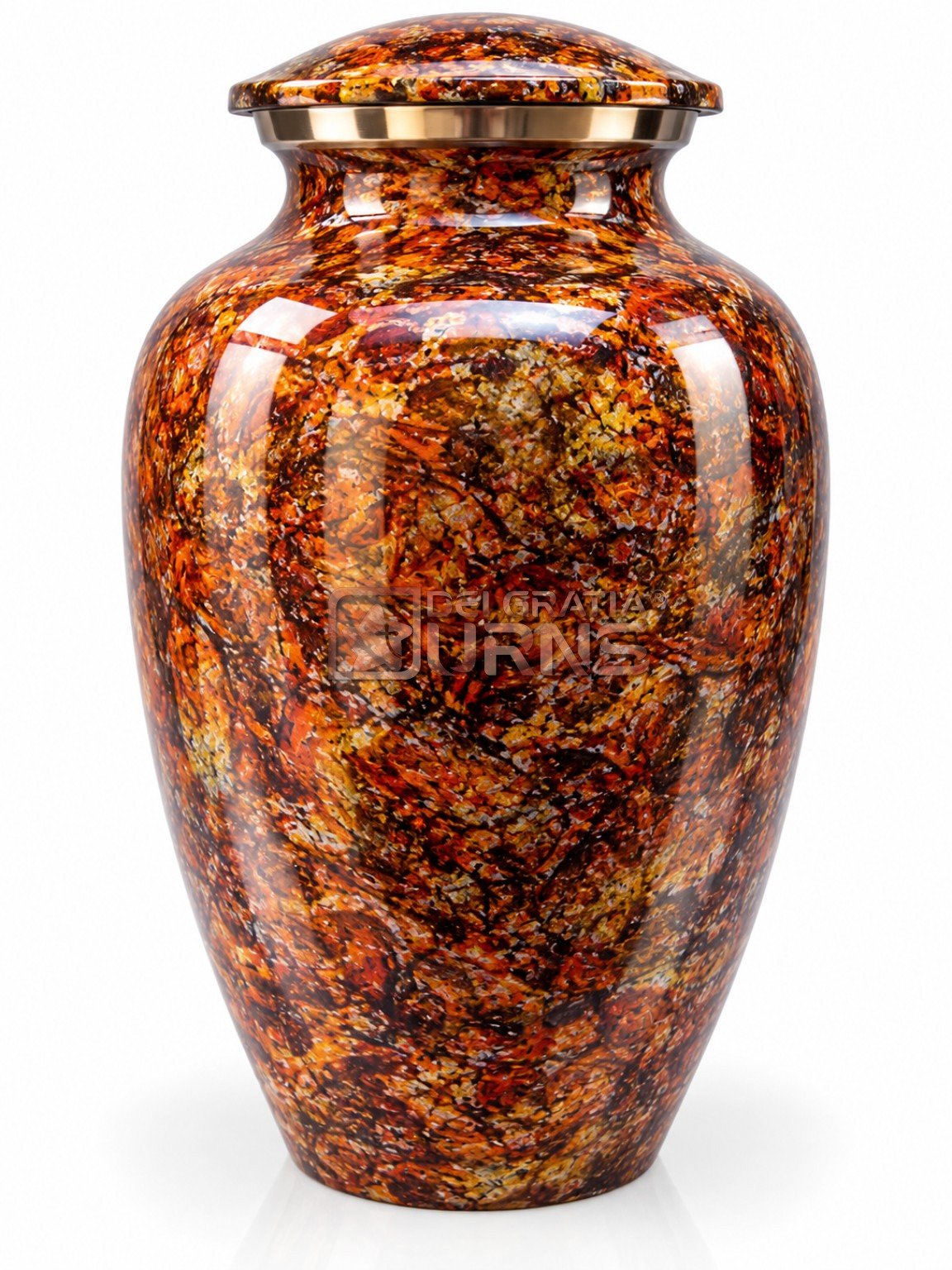 Amber Gold Marbled Cremation Urn with amber, brown and gold marbled pattern, front view