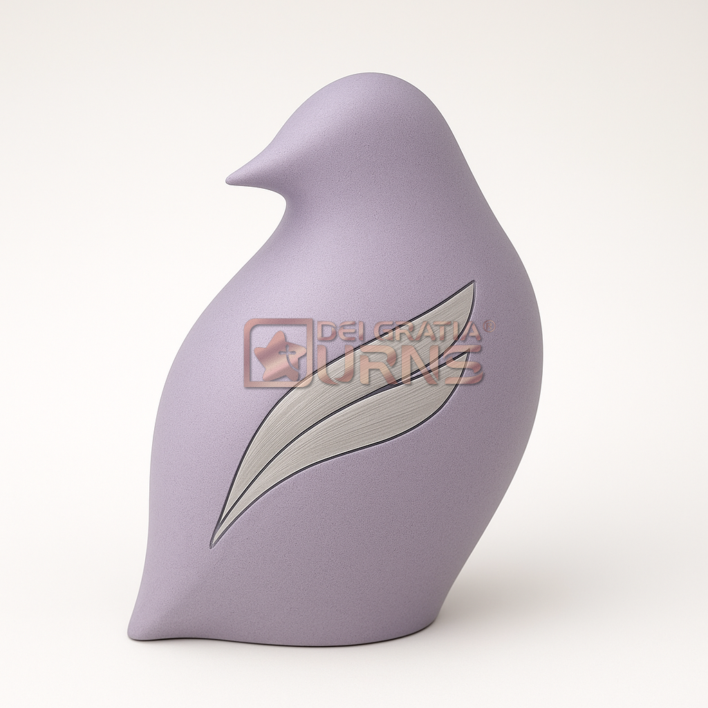 Aviara Lavender Minimalist Bird Cremation Urn Aviara lavender minimalist bird-shaped cremation urn with polished silver wing accent