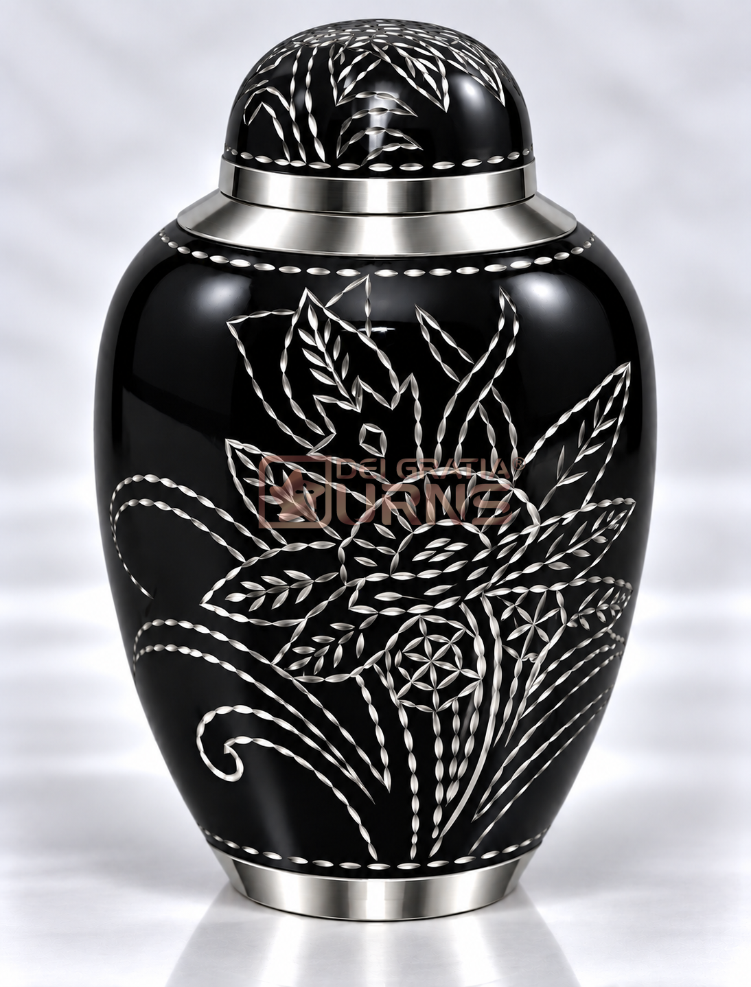 Onyx black cremation urn with silver sunflower and foliage design