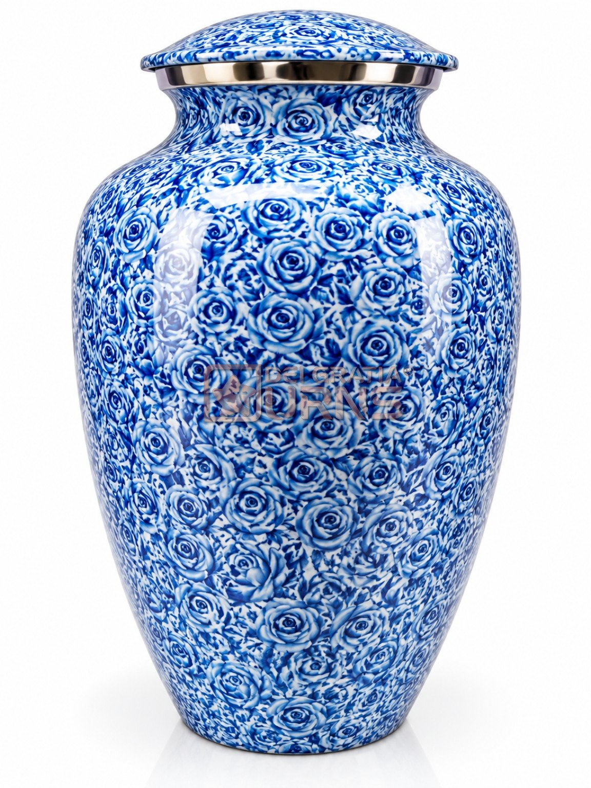 Blue White Rose Cremation Urn, front view showing blue rose pattern over a white background