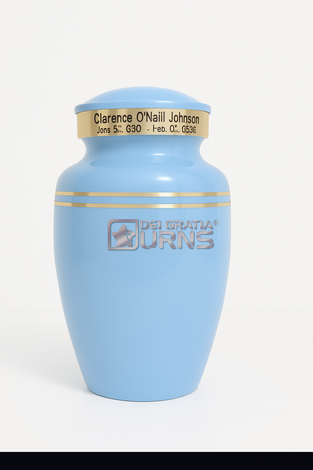 Celeste Sky Blue Personalized Cremation Urn Sky blue personalized cremation urn with gold name and memorial date band