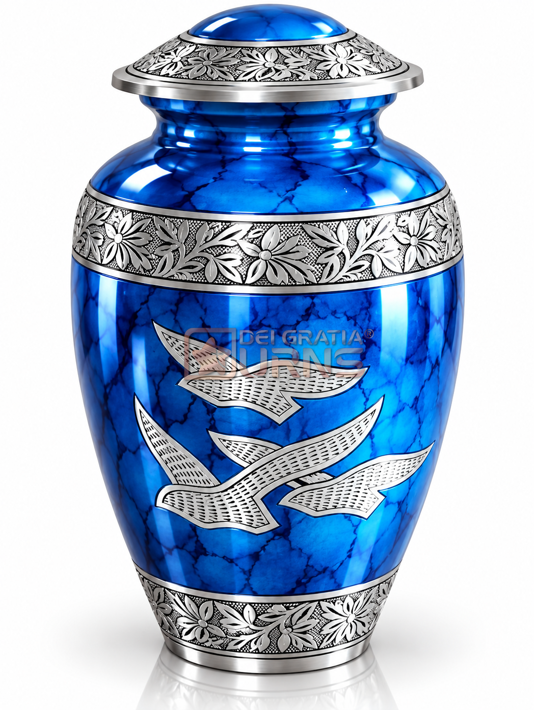 Cobalt blue cremation urn with silver birds in flight and floral bands