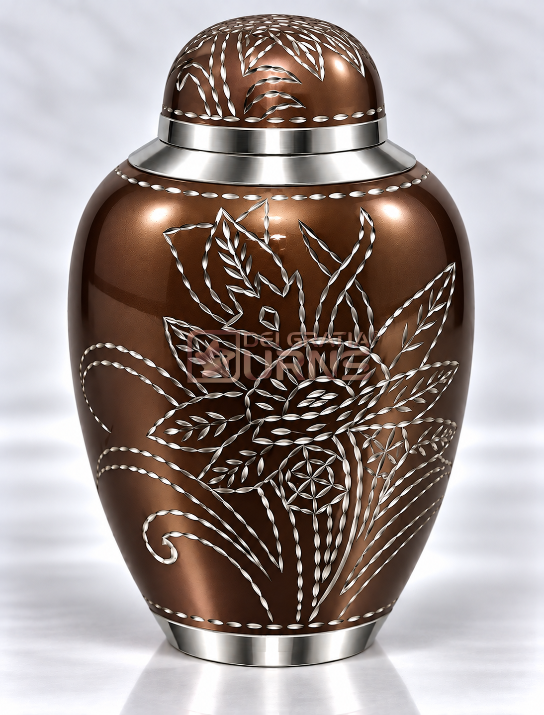 Coffee bronze cremation urn with silver sunflower and foliage design