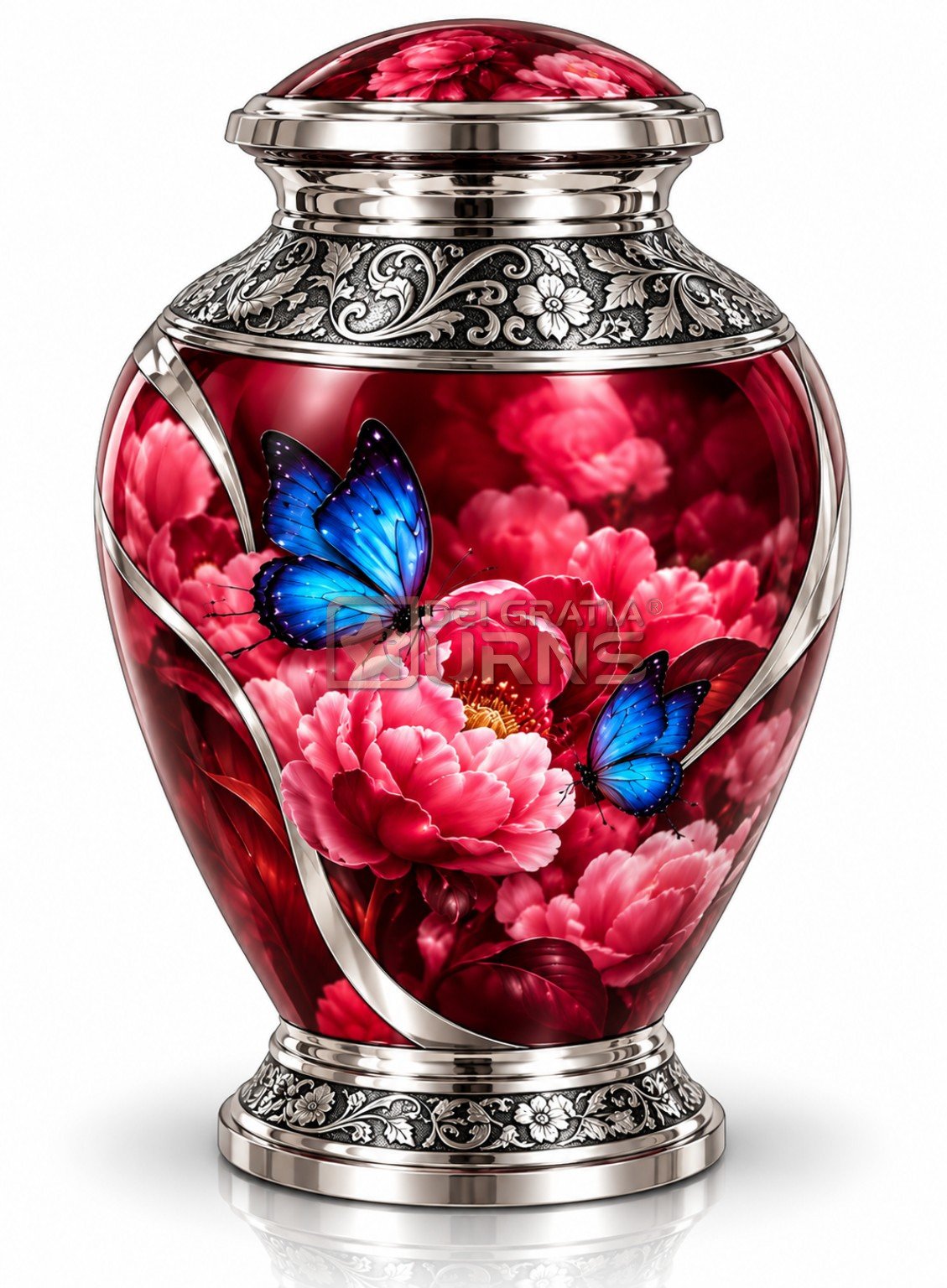 Crimson Peony Butterfly Cremation Urn, front view showing crimson peony flowers and blue butterflies