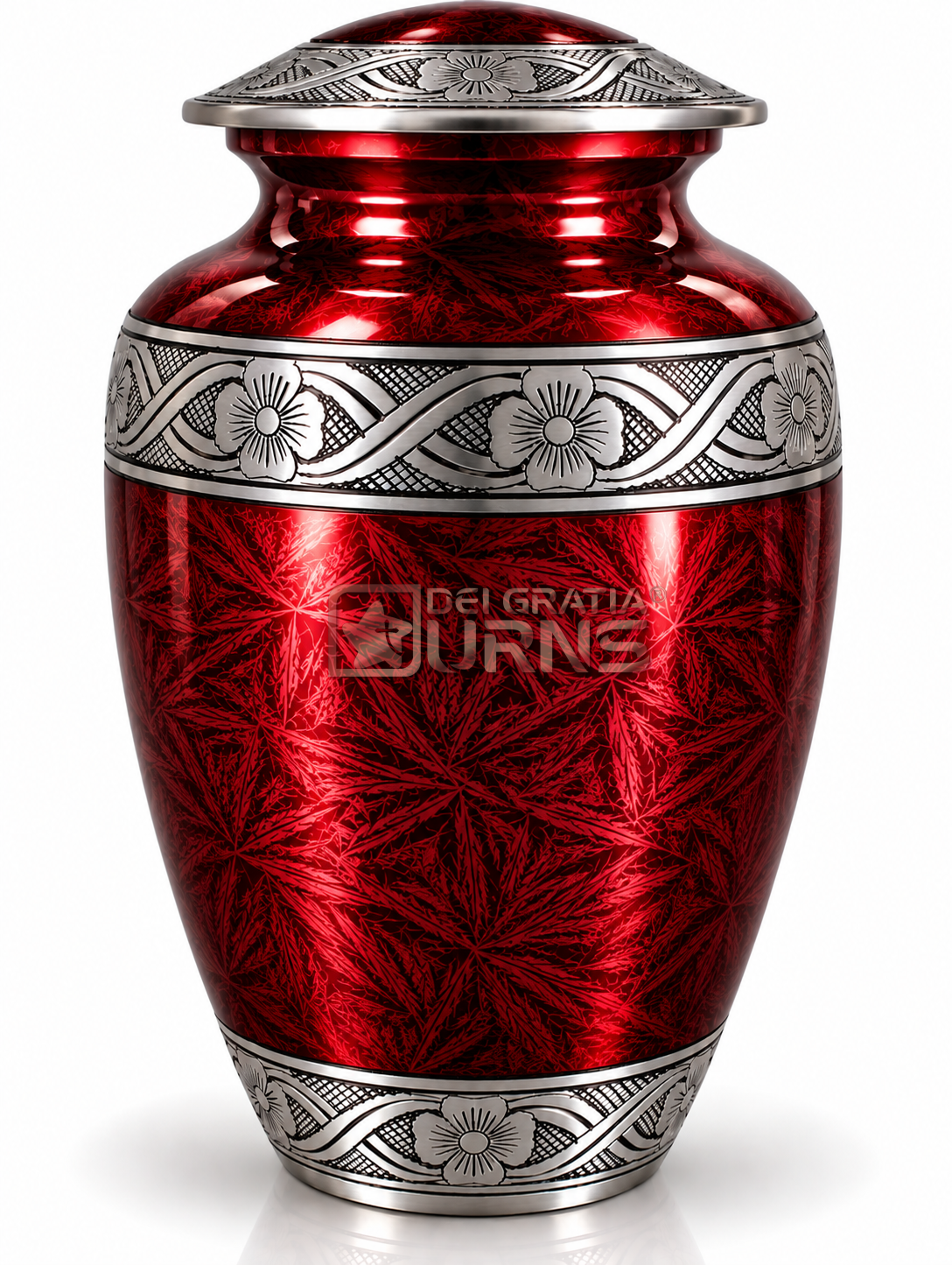 Crimson red cremation urn with silver botanical leaf design