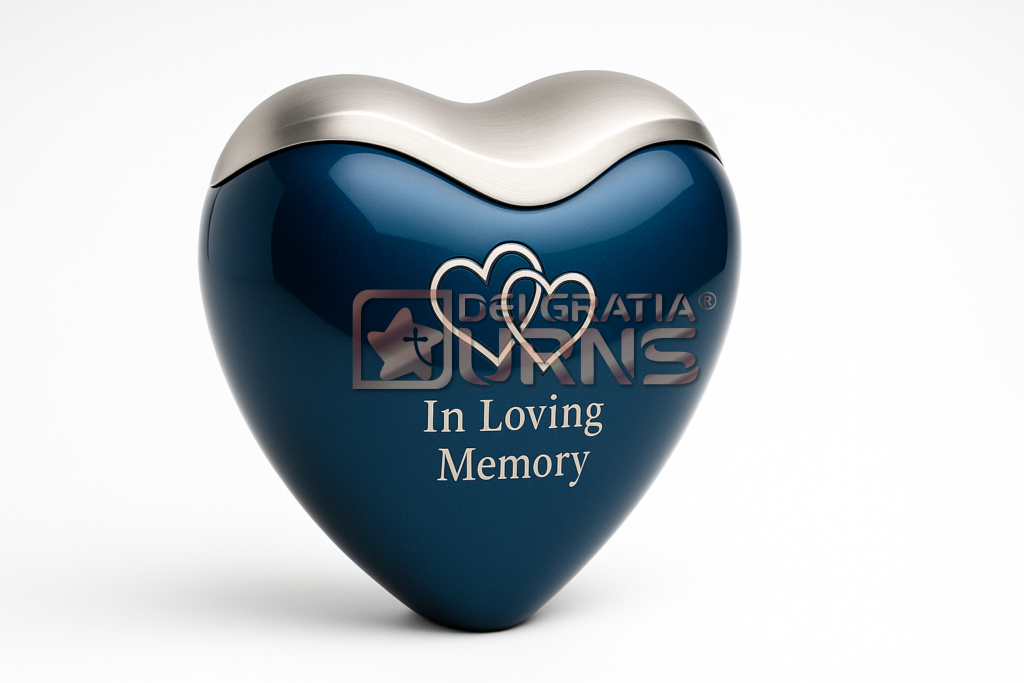 Cuore Blu navy heart-shaped cremation urn with polished silver top and memorial heart design