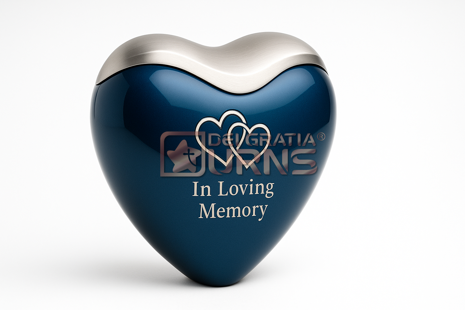 Cuore Blu Navy Heart-Shaped Cremation Urn Cuore Blu navy heart-shaped cremation urn with polished silver top and memorial heart design