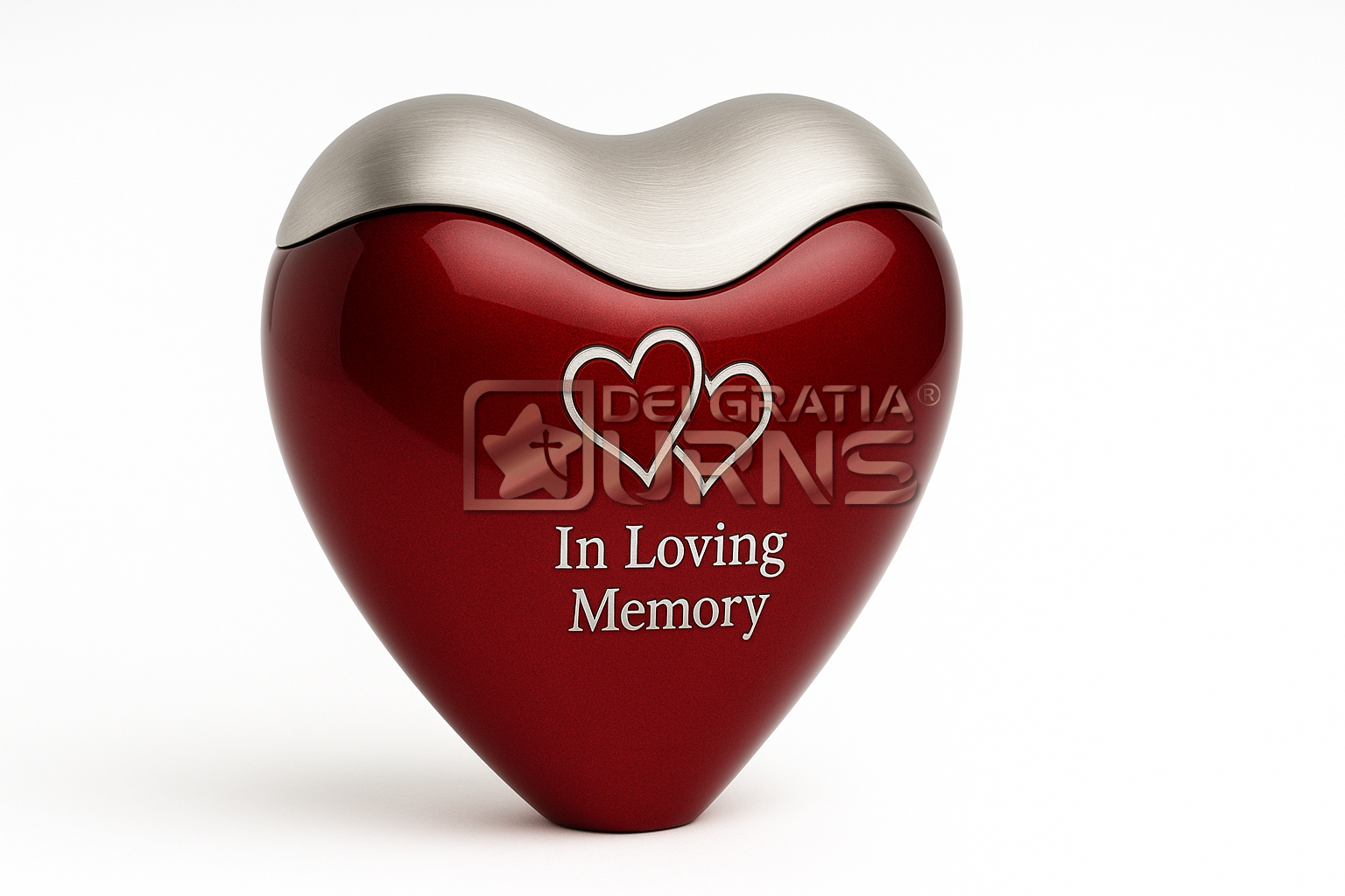 Cuore Rosso Red Heart Memorial Urn Cuore Rosso red heart-shaped cremation urn with silver top and In Loving Memory inscription