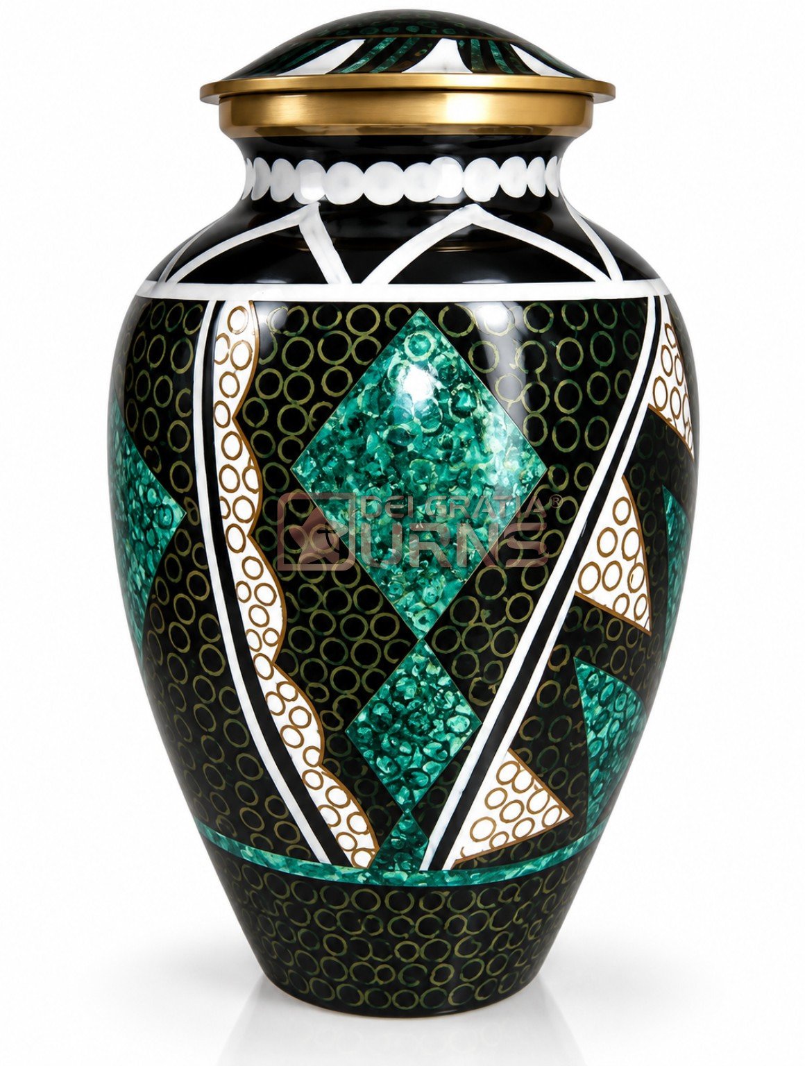 Emerald Diamond Pattern Black Cremation Urn 1 Black emerald diamond pattern cremation urn with white geometric detail, front view