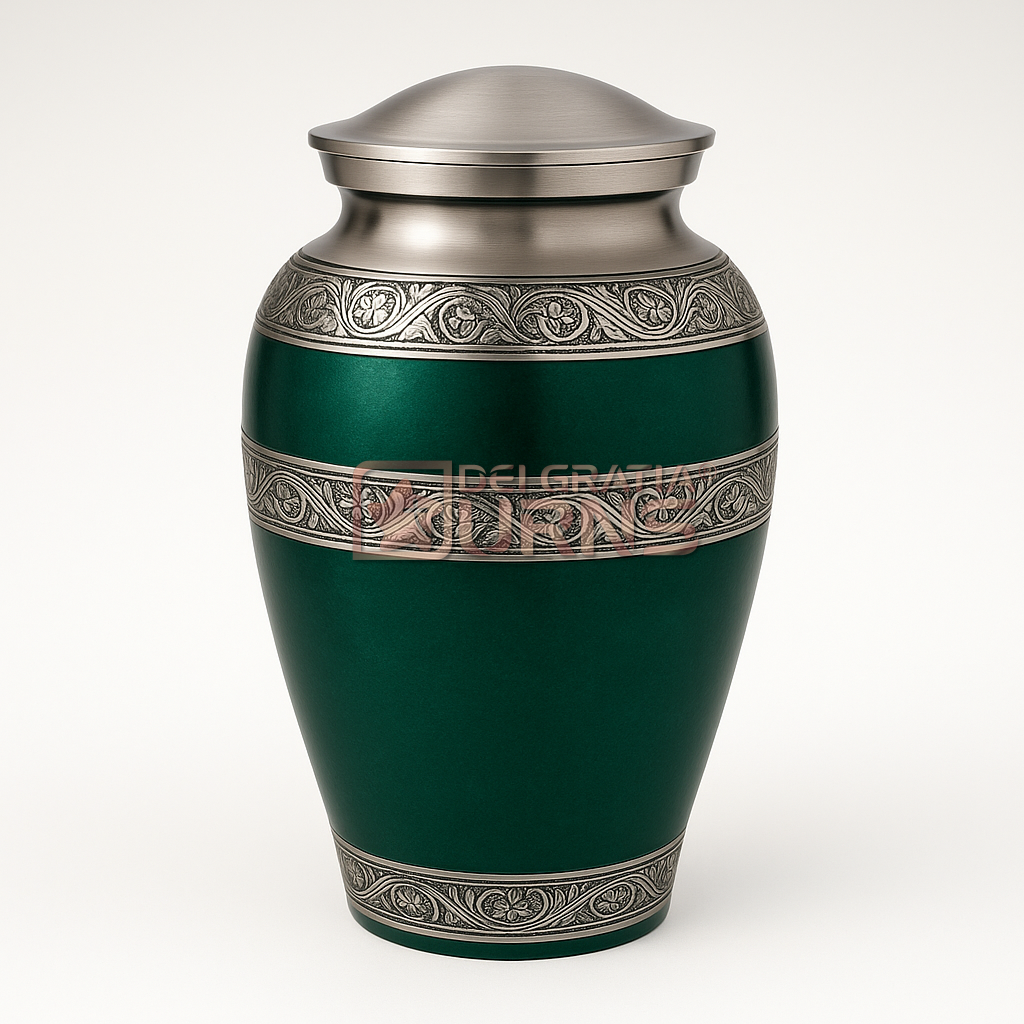 Emerald Elegance Silver Band Cremation Urn Emerald Elegance green cremation urn with decorative silver floral bands and lid