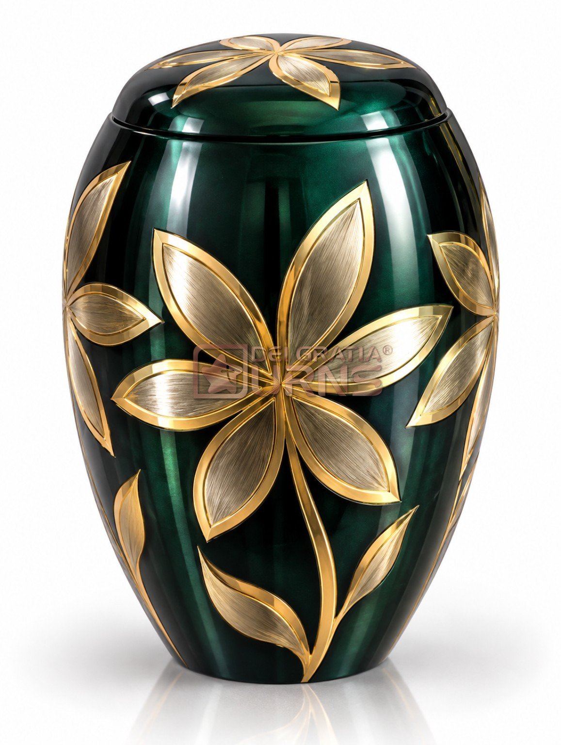 Emerald Gold Flower Cremation Urn with dark emerald body with gold-tone flowers and leaves, front view